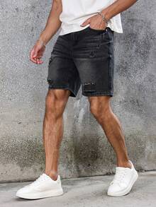 Manfinity Roughcore Men's Denim Shorts, Fashion Suitable For Summer Black Shorts Men S Ripped Shorts - Black - View 5