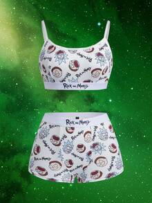 Rick and Morty X SHEIN Set Pakaian Dalam Camisole dan Celana Pendek Motif Kartun - Putih - View 1