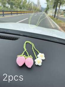 2Pcs Woven Strawberry Car Hanging Pendants, Cute Handmade Ornaments For Auto Interior Decoration - one size fits all - View 14