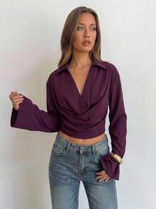 Aloruh Women's Solid Dark Purple Ruffled Collar Long Sleeve Shirt, Autumn/Winter Night Out Sexy - Burgundy - View 7