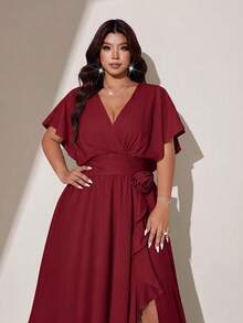 Viva Relle Plus Size Women's Summer Deep V-Neck Cinched Waist A-Line Dress With Ruffle Trim Short Sleeve Long Dress For Outings, Parties, Elegant Gatherings And Weddings - Burgundy - View 3