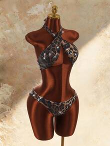 Amplova Women's Sequin Shiny Leopard Print Swimsuit Set With Ring Back Sexy Detail Beach Party Brown Zebra Print Summer - Brown - View 8