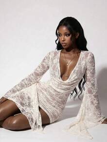 Amplova Plunging Neckline Long Sleeve Fully Sheer Sexy Elegant Ruffle Hem Bodycon Backless Mini Dress For Women Night Out Cream Autumn - Apricot - View 3