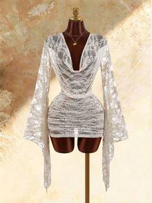 Amplova Plunging Neckline Long Sleeve Fully Sheer Sexy Elegant Ruffle Hem Bodycon Backless Mini Dress For Women Night Out Cream Autumn - Apricot - View 5
