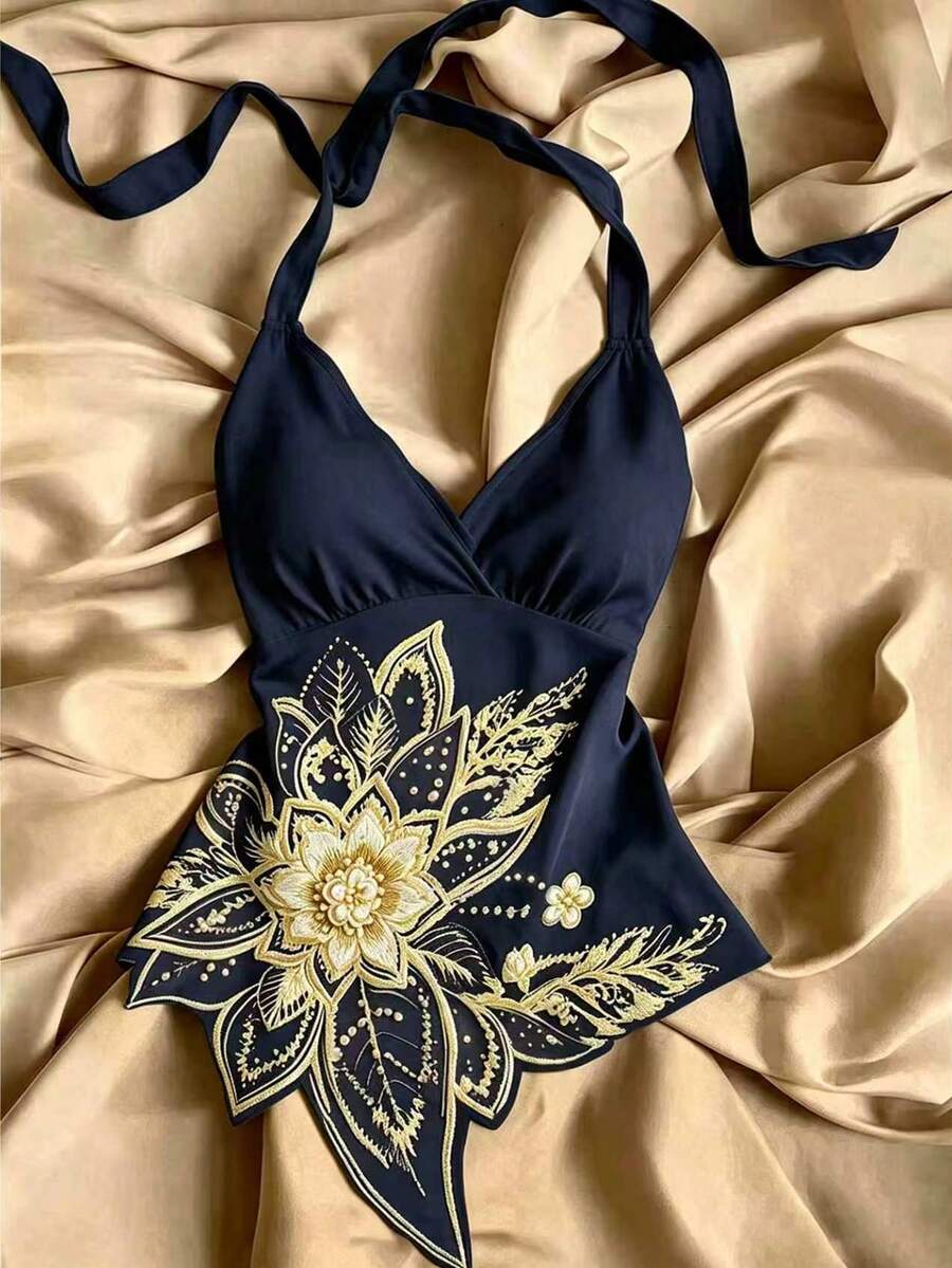 INAWLY 女款花卉印花不對稱下擺時尚掛脖上衣 - 藏蓝色 - 查看 1