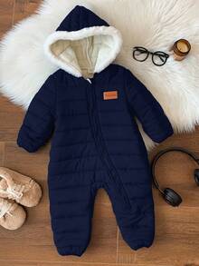 SHEIN Newborn BBaby Boys Cute Autumn/Winter Thermal Lined Thick Fur Collar Hooded Jumpsuit Ski Suit Unisex Baby Clothes Baby Winter Clothes - Navy Blue - View 6
