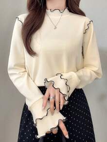 FRIFUL 女款波浪荷葉邊條紋拼接寬鬆短袖T恤，夏季休閒上衣 - 米色 - 查看 7