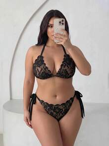 SHEIN CURVE+ Set Bikini Renda Seksi Wanita Ukuran Besar untuk Pantai, Liburan, dan Pesta Kolam Renang - Hitam - View 2