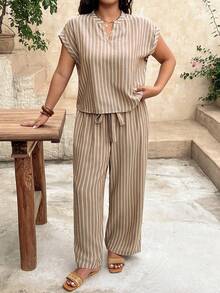 SHEIN Frenchy Plus Size Summer Casual Striped Shirt And Pants 2 Pieces Set - Khaki - View 9