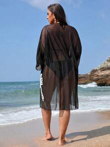 Swim Vcay Women's Plus Size Cardigan With Placement Floral Print, Loose Fit Vacation Beach Vacation Kimono Summer - Black - View 2