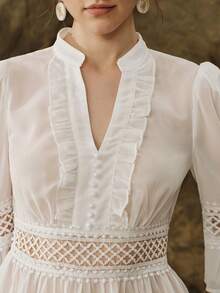 SHEIN Elegant Elegant Summer White Faux Silk Lace Patchwork Blouse Shirt - White - View 3