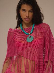 Musera Resort Pink Crochet Knit Off Shoulder Fringed Poncho - Hot Pink - View 2