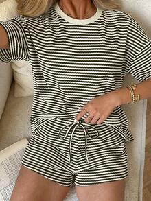 Muchica Striped Drop Shoulder Short Sleeve Loose Casual Summer Grey T-Shirt Set - Dark Grey - View 3