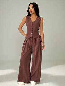 SHEIN PETITE Conjunto casual de 2 piezas de chaleco de un solo pecho y pantalones de unicolor Omen, verano - Marrón - Ver 2