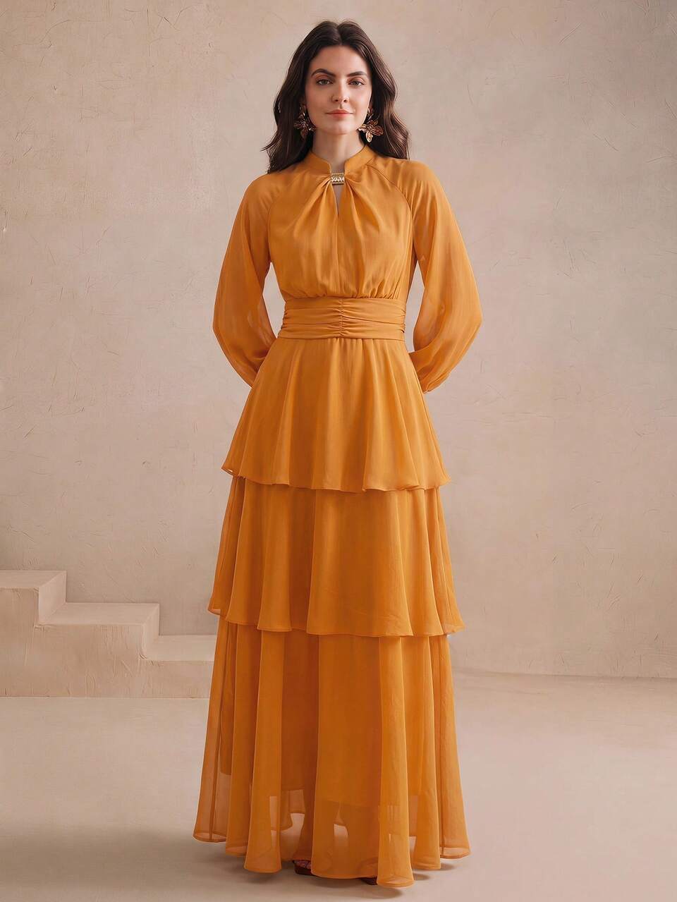 Anewsta Spring Women's Stand Collar Design Metal Decor Orange Long Sleeve Cake Skirt Dress