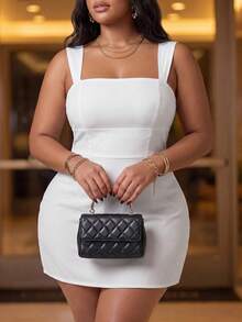 Slaydiva Summer Fitted Square Neck Sleeveless Backless A-Line Short Dress For Women Vacation White Tropical Vacation Tropical - White - View 4