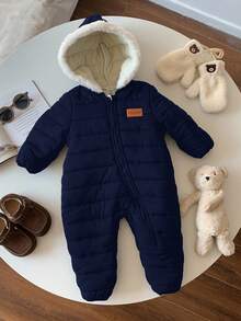 SHEIN Newborn BBaby Boys Cute Autumn/Winter Thermal Lined Thick Fur Collar Hooded Jumpsuit Ski Suit Unisex Baby Clothes Baby Winter Clothes - Navy Blue - View 9
