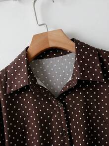SHEIN CURVE+ 大尺碼女裝，春季時尚，休閒，寬鬆舒適，日常基本款，修身，棕色條紋，超寬鬆鈕扣襯衫，春季穿著，女款襯衫，簡約風格，工作上衣 - 棕色 - 查看 5
