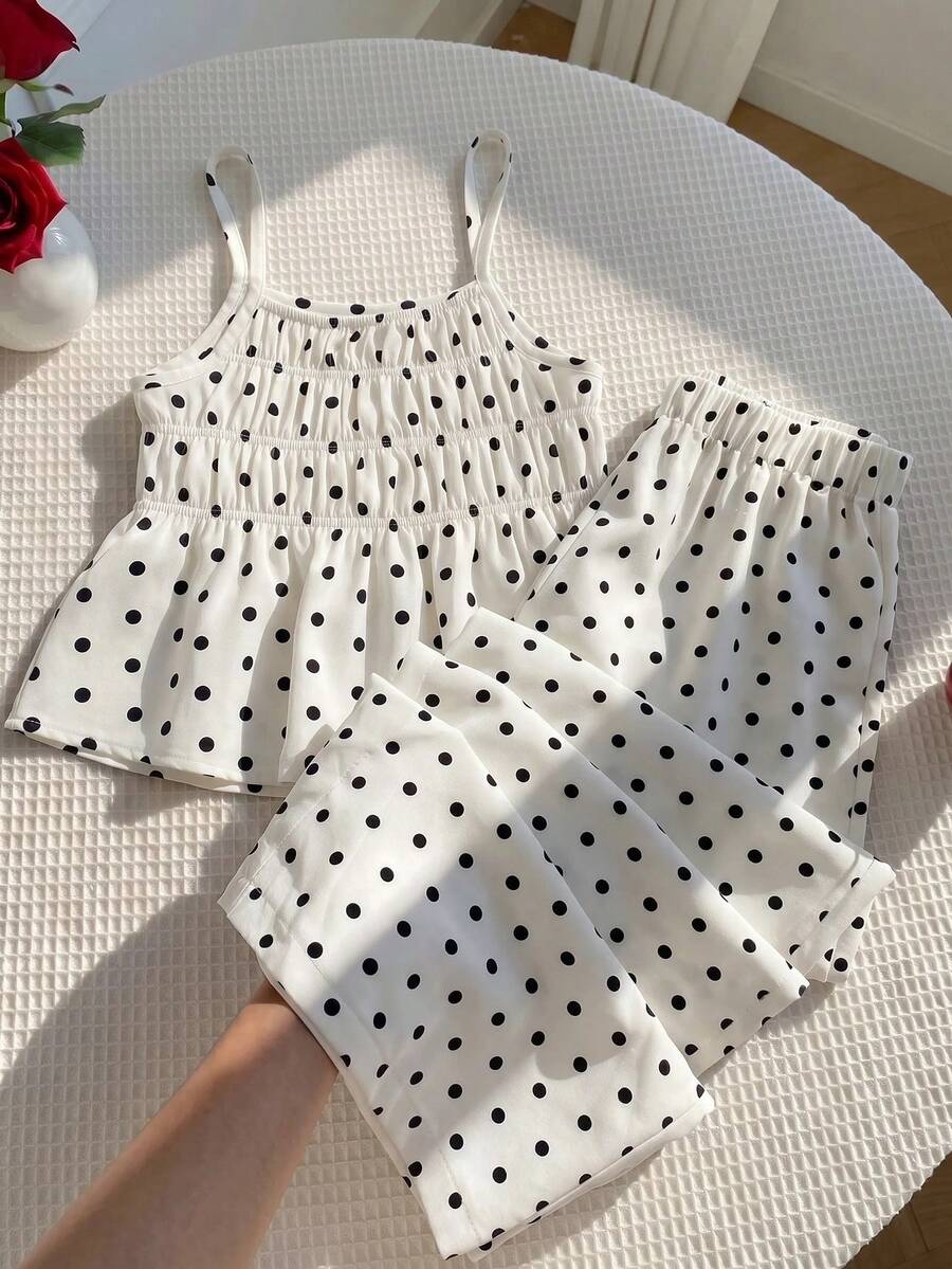 SHEIN 女童圓點編織細肩帶上衣與長褲兩件套 - 白色 - 查看 1