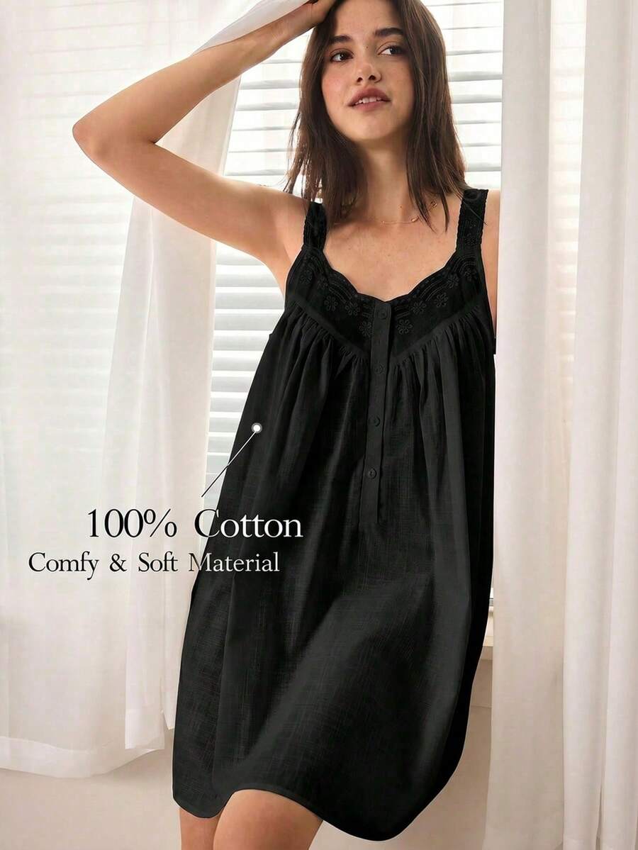 Ocili Women's Floral Embroidered Hollow Button Design Pajamas Loungewear Dress - Black - View 1