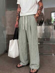STEELVANCE Men's Summer Casual Drawstring Elastic Waist Vertical Striped Long Pants Vacation Style - Army Green - View 4