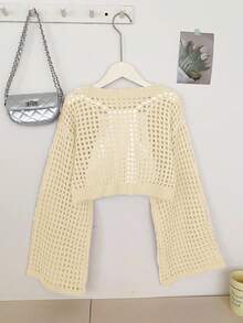 SHEIN Suéter de manga larga con cuello redondo hueco de unicolor para niña preadolescente - Albaricoque - Ver 2