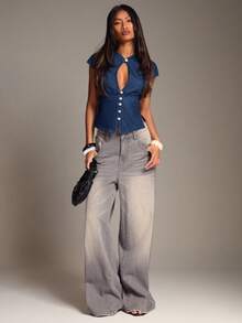 SHEIN BAE Women's Summer Casual Hollow-Out Front Button Denim Top - Medium Wash - View 3