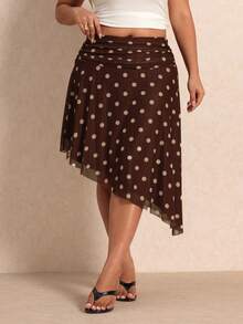 Elaquor Plus Size Summer Casual Polka Dot Print Asymmetric Hem Skirt - Coffee Brown - View 5