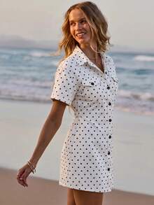Aralina 女款夏季鈕扣前襟短袖迷你洋裝 度假度假穿搭 Y2K 斯德哥爾摩風格 - 黑與白 - 查看 4