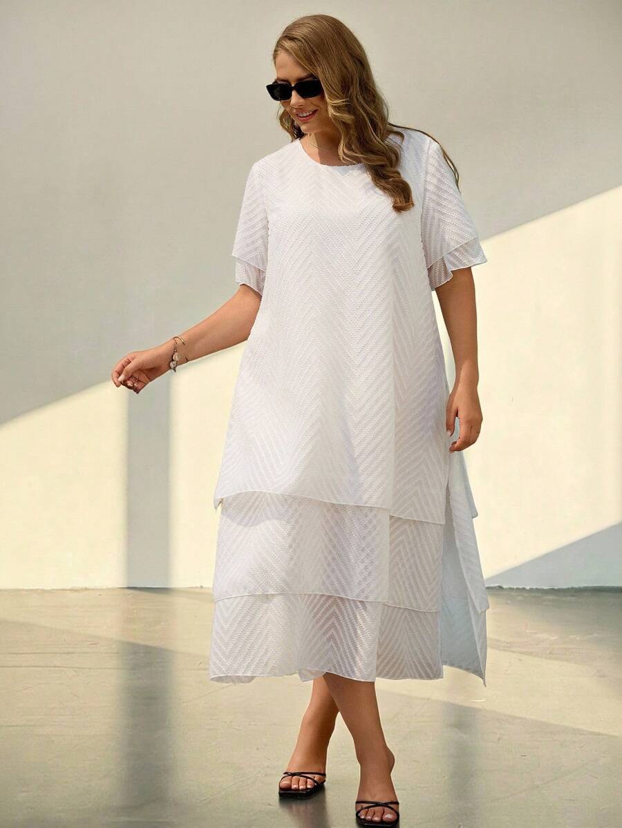 Miaspire Plus-Size Women's Round Neck Short-Sleeved Layered Ruffled Loose White Dress, Suitable For Summer Occasions Such As Graduation Ceremonies And Wedding