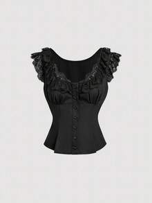 SHEIN MOD Women's French Romantic Sweet Lace Patchwork Single-Breasted Shirt For Dating Going Out Black Summer - Black - View 4