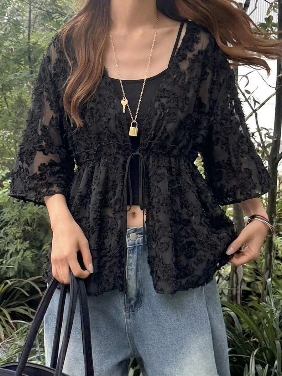 FRIFUL 女款花卉印花七分袖腰部綁帶夏季襯衫 - 黑色 - 查看 1