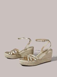 Styleloop Sandal Platform Hak Wedges Wanita, Sandal Kasual Pantai Ujung Persegi Kecil dengan Tali Rami Modis di Bagian Bawah, Cocok untuk Liburan Musim Panas - Emas - View 2