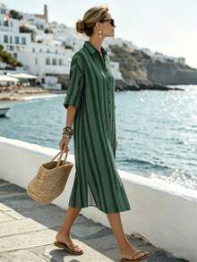 Louniche Women's Elegant Tropical Fashion Commuter Casual Comfortable Charming Vintage High-End Holiday Vacation Seaside Mid-Length Sleeve Shirt Collar Dress - Dark Green - View 3
