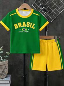 1套青少年男孩休閒舒適時尚簡約設計運動風 Brazil BRASIL 字母圖案短袖T恤與黃色條紋短褲套裝，適合夏季運動、世界盃、度假穿著 - 彩色 - 查看 3