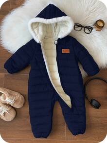 SHEIN Newborn BBaby Boys Cute Autumn/Winter Thermal Lined Thick Fur Collar Hooded Jumpsuit Ski Suit Unisex Baby Clothes Baby Winter Clothes - Navy Blue - View 5