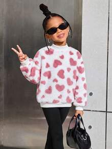 Emery Rose Kids Emery Rose Kids 少女心形圖案長袖抓絨冬季衛衣，印花套頭衫，休閒運動戶外優雅粉色與白色黑色秋季 - 粉色 - 查看 4