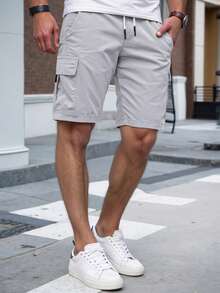 Manfinity Homme Men's Solid Color Elastic Waist Drawstring Pocket Cargo Shorts - Light Grey - View 3
