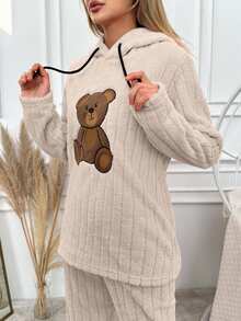 SHEIN Cottnline Women's Message Embroidered Hooded Long Sleeve Sleepwear Top - Beige - View 4