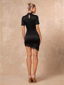 Lumalex Black Ruched Mini Dress With Lace Mock Neck Keyhole Front Short Sleeves Asymmetric Lace Trim Hem And Back Keyhole Luxury Elegant Dresses For Women - Black - View 4