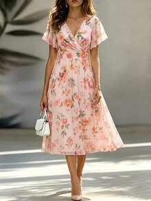 Velvienne Plus Size Floral Print Crossover V-Neck Ruffle Sleeve A-Line Mid-Length Dress, Pink Sequin, Summer, Elegant, Wedding Formal Evening Party Wear - Multicolor - View 5