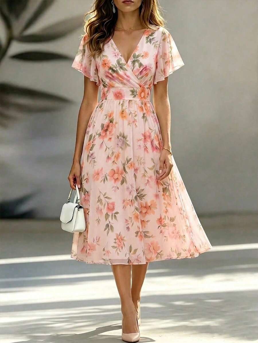 Velvienne Plus Size Floral Print Crossover V-Neck Ruffle Sleeve A-Line Mid-Length Dress, Pink Sequin, Summer, Elegant, Wedding Formal Evening Party Wear - Multicolor - View 1