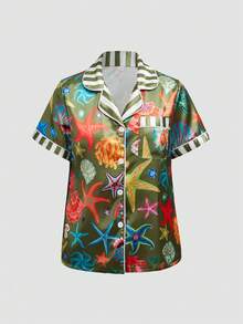 Chillnights Ensemble de pyjama satiné pour femmes avec col à revers, boutons devant, imprimé contrasté à rayures avec étoiles de mer, coquillages, corail et diamants de l'océan, jeune, vibrant et amusant - Multicolore - Voir 3