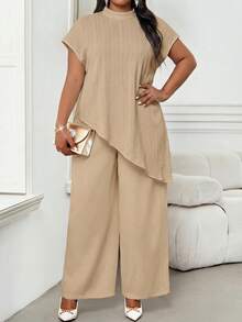 SHEIN Lady Plus Size Women's High Neck Short Sleeve Asymmetrical Hem Top - Apricot - View 4