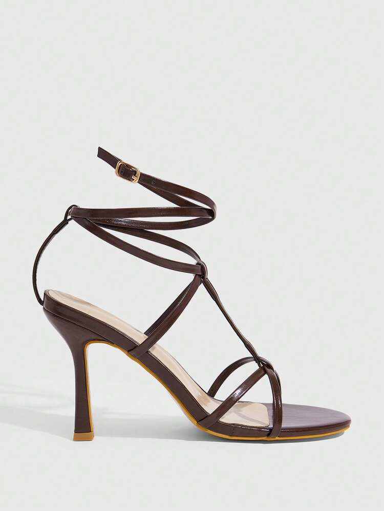 CUCCOO SZL Ladies Round Toe Thin Heel Open Toe Sexy Strap Strap Buckle PU Roman Wristband Hollow Party Avant-Garde Women's High Heel Sandals Summer - Brown - View 2