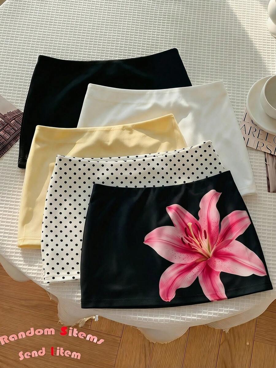 SHEIN Tween女孩白色花卉印花休閒裙,附內建內搭褲 - 黑色 - 查看 1