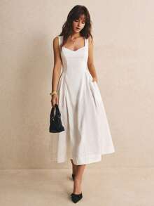 Poéselle Elegantes französisches Midi-Kleid für Damen in Weiß, einfarbig, mit Herz-Ausschnitt, ärmellos, quadratischem Ausschnitt, für Abschlussfeier, Hochzeit, Poolparty und Tagesparty im Sommer - Weiss - Übersicht 3