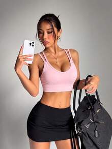 SHEIN Velisys 3件組女款運動內衣，墨水印花與純黑/白色，細背帶交叉設計，可拆式內墊，適合日常休閒、跑步、瑜珈、健身房、網球、高爾夫 - 彩色 - 查看 5