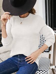 SHEIN Essnce 女款素色圓領長袖休閒百搭針織衫 - 白色 - 查看 4