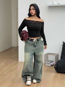 Coolane 女款大尺碼秋冬優雅基本款日常休閒黑色條紋彈性舒適蕾絲拼接露肩上衣萬聖節 - 黑色 - 查看 3